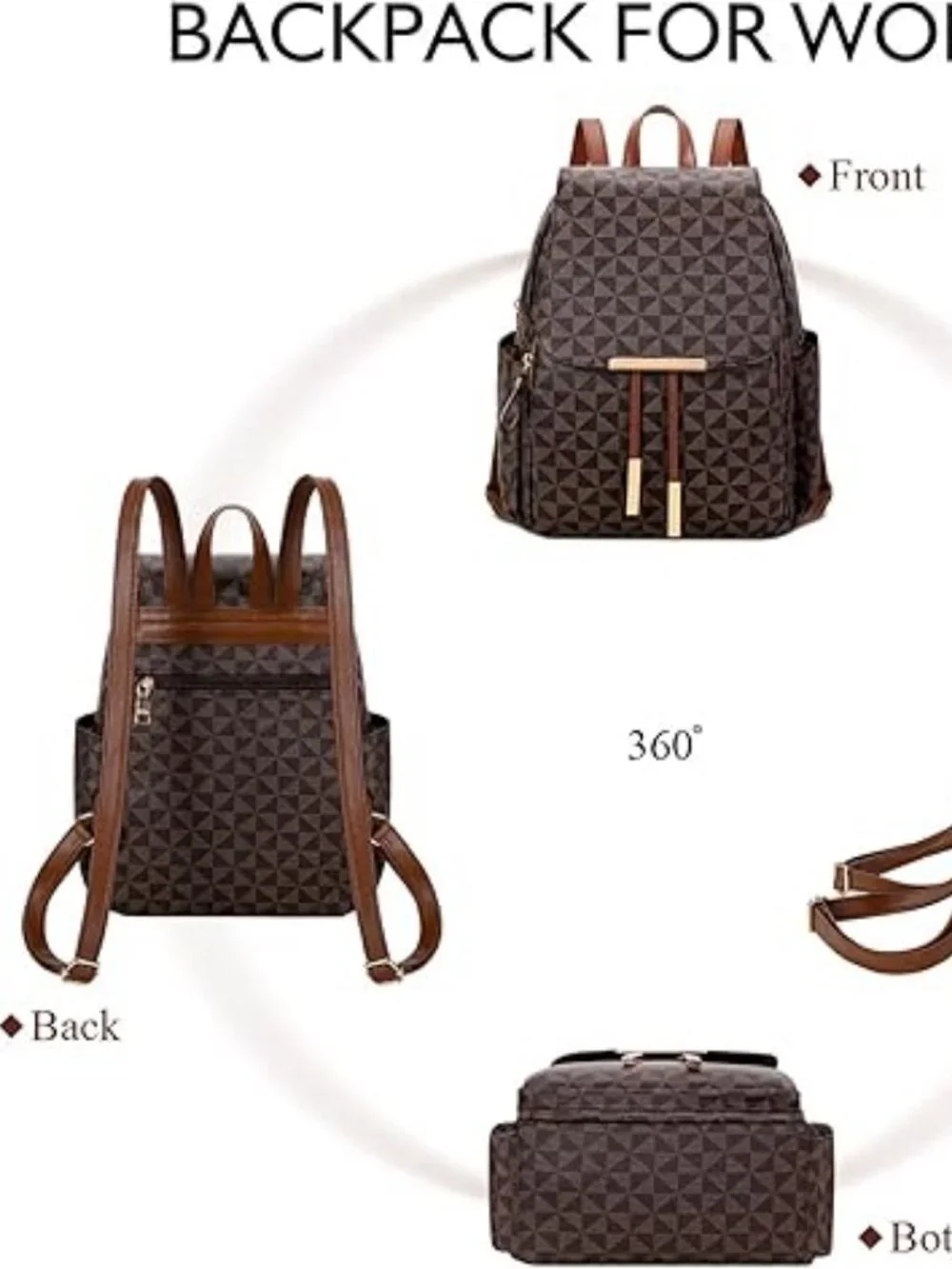 Women's Brown Checkered Leather Backpack Purse Travel Daypack Multi Pocket bag